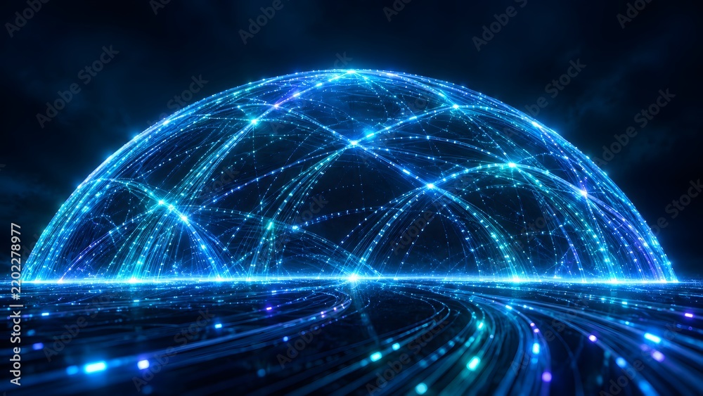 Fototapeta premium Illuminated geodesic dome with converging light streams represents futuristic network technology