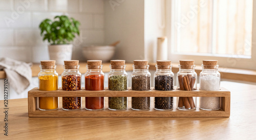 Minimalist wooden spice rack with several unbranded glass spice jars containing colorful natural spices