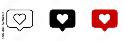 Love icon button set featuring thumbs up and heart in speech bubble shapes for social media reactions and symbols for modern user interface design vector illustration.