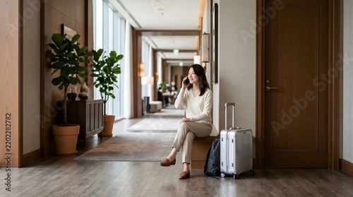 Elegant businesswoman sitting in a luxury hotel hallway talking on phone