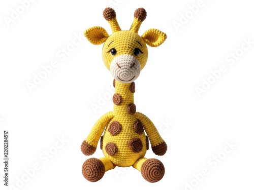 handcrafted yellow crocheted giraffe plush toy with brown spots and expressive eyes on a clean white background