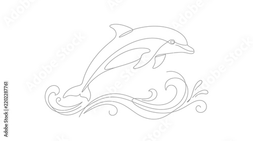 Dolphin Jumping Over Waves Line Art