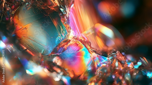 Iridescent fractured glass surface displays vivid rainbow hues, creating abstract textures, representing complex light and refraction