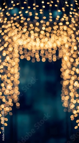 Magical panoramic background featuring completely out-of-focus golden fairy lights creating beautiful soft bokeh against a deep dark blue background. Massive copy space for festive holiday banners
