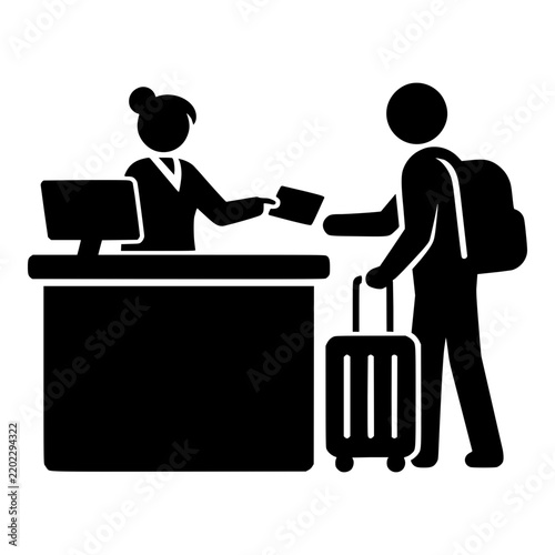 Airport Check-In Desk with Traveler and Suitcase, Black Silhouette