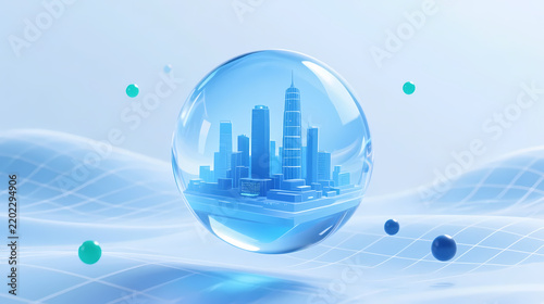 Blue crystal ball with city skyline