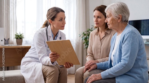 Female doctor in a white coat explaining medical information to an elderly patient and her adult daughter during a consultation.