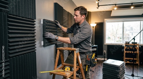A man installing soundproofing foam panels on a recording studio wall.