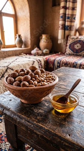 Rustic Still Life with Coffee, Tea and Aromatic Spices on Wooden Table, Cozy Breakfast Drink Arrangement with Coffee Beans, Pepper, Cinnamon and Natural Ingredients