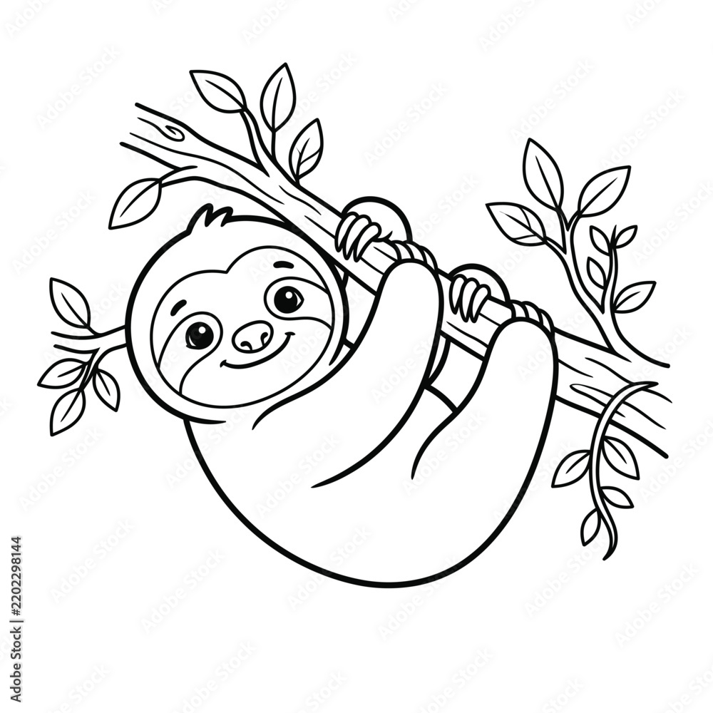 Fototapeta premium Cute cartoon sloth hanging on a tree branch black and white line drawing