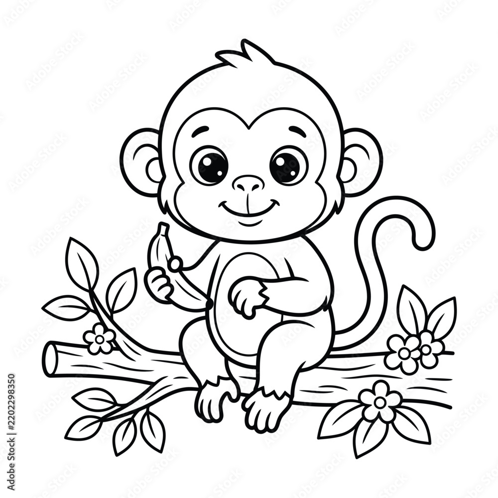 Obraz premium Cute little monkey sitting on a tree branch holding a banana coloring page