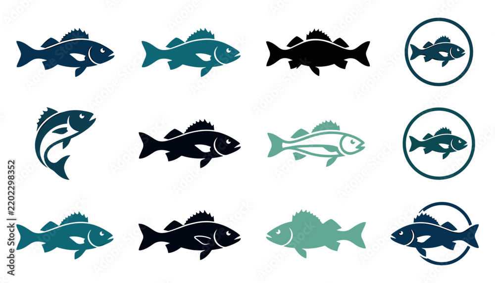 Fototapeta premium Bass Fish Icon Set with Fishing Silhouette Logos Badges and Sea Wildlife Symbols for Angling Tournaments Outdoor Sports and Seafood Market Branding