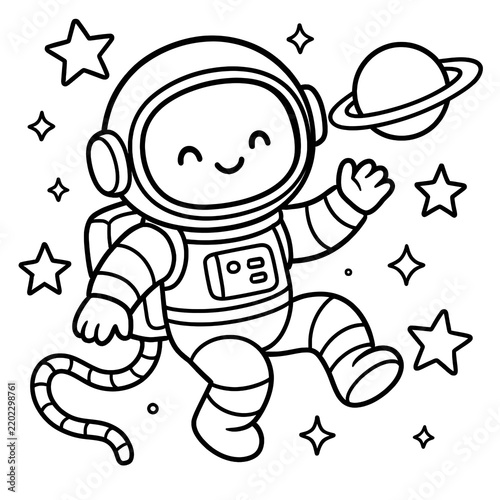 Adorable cartoon astronaut baby floating in space surrounded by stars and planets with a cheerful expression for children’s space adventure theme
