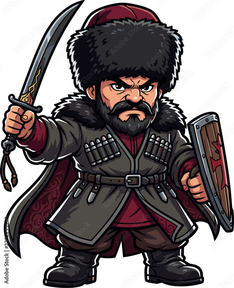 Fototapeta premium A pixel art illustration of a warrior figure with a large fur hat, holding a sword and shield. The character wears traditional clothing with bandoliers, depicted in a ready-for-battle stance.