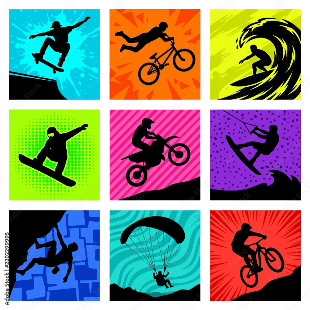 Obraz premium Extreme Sports Athletes Silhouette Collection Vector Illustration Set.