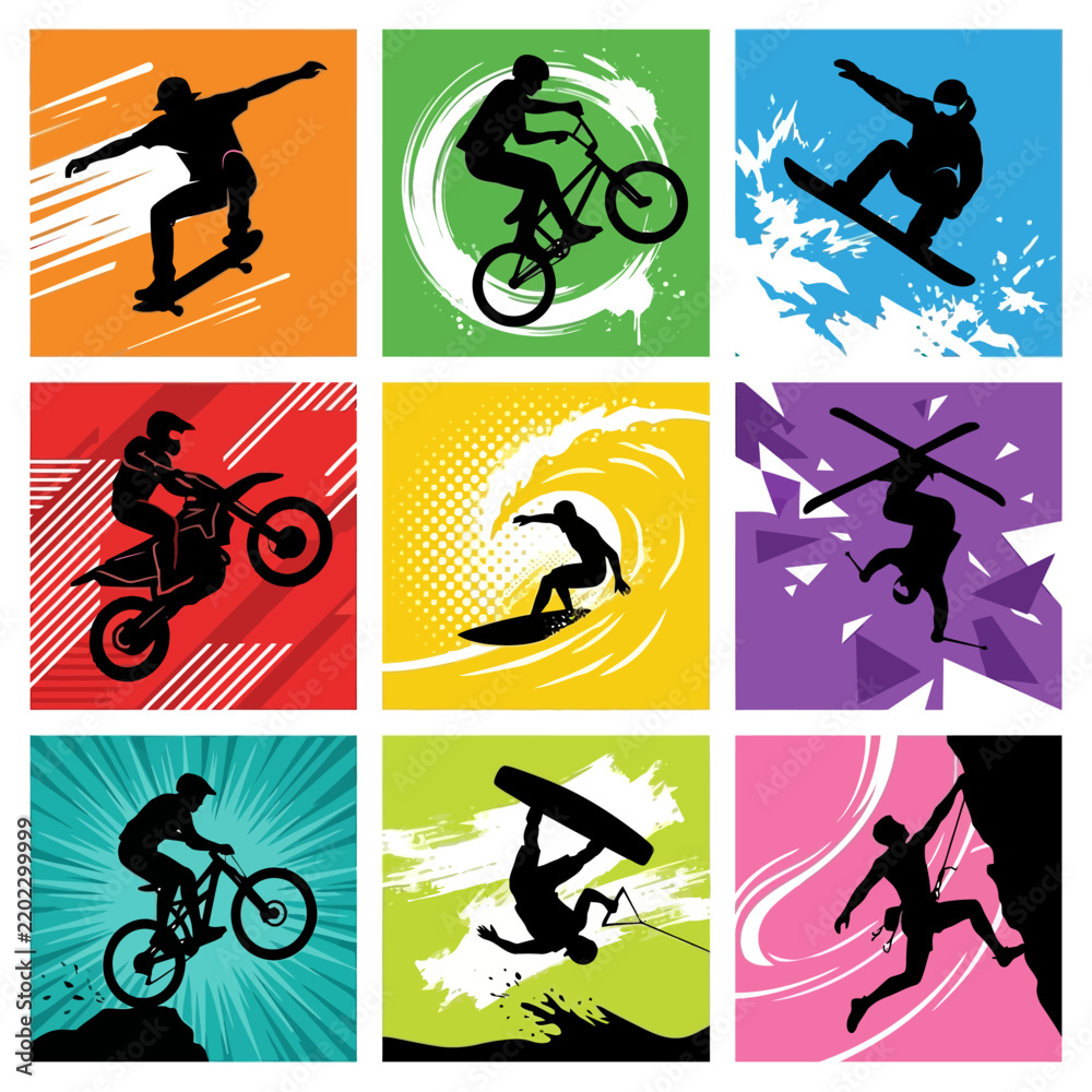 Obraz premium Extreme sports silhouettes collection featuring athletes doing skateboarding motocross skiing climbing surfing and cycling. vector illustration