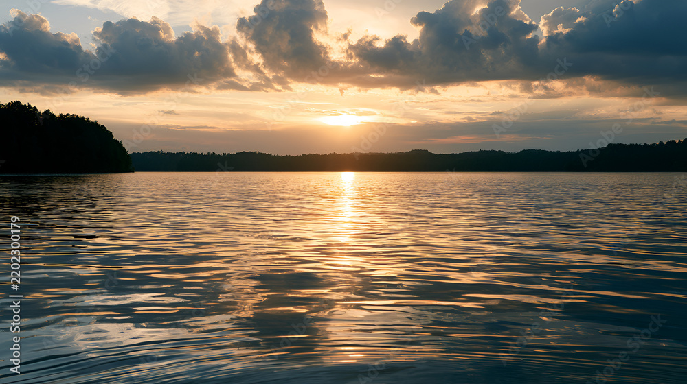 Fototapeta premium Golden Sunset Clouds Reflecting Warmly Over A Calm Lake, Soft Golden Hour Light, Shot On 85mm Lens, Shallow Depth Of Field, Cool Muted Blue-Gray Palette, Photorealistic, Ultra-Detailed