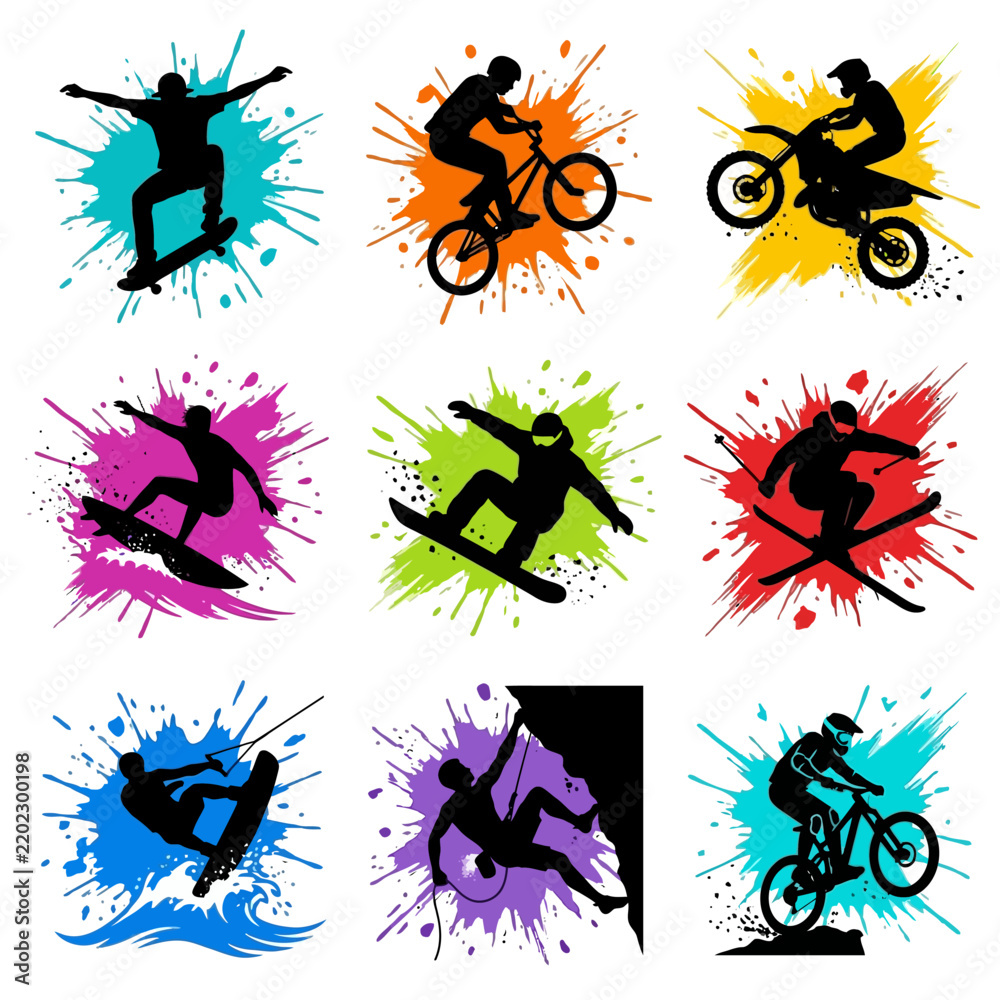 Obraz premium A dynamic set of extreme sports silhouettes featuring skateboarding, BMX cycling, motocross, snowboarding, skiing, wakeboarding, and climbing with colorful paint splash backgrounds.