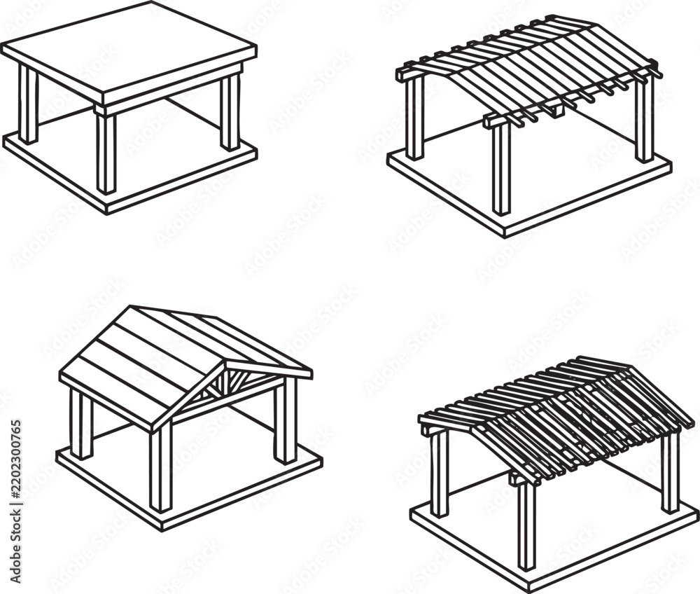 Fototapeta premium Set of four isometric architectural drawings of garden gazebo