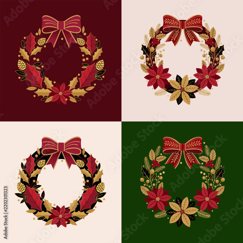 Collection of four decorative Christmas wreath illustrations featuring red bows, holly leaves, poinsettias, berries, pine branches, and golden botanical accents.