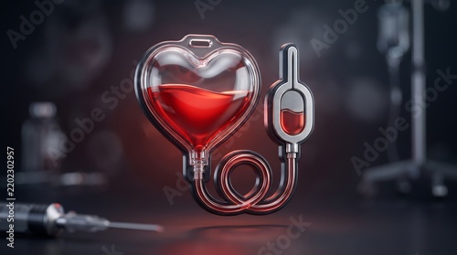 Blood donation concept with heart shaped glass container, medical transfusion equipment for healthcare, red liquid in heart vessel on dark background