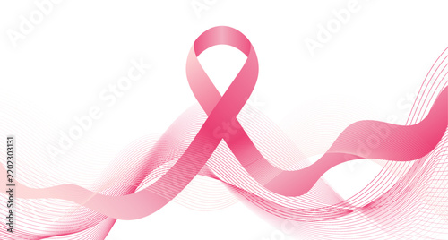 Pink breast cancer awareness ribbon with flowing wavy lines on white background. Breast cancer awareness month vector design