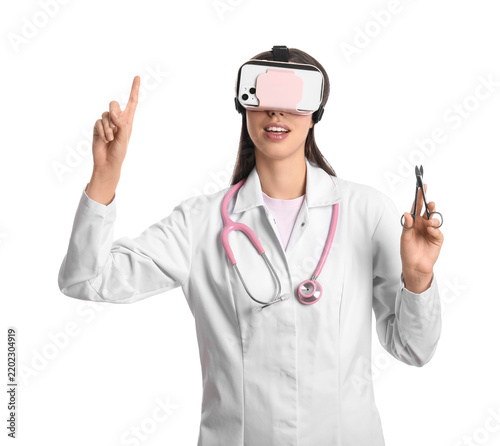 Medical training and virtual reality, doctor using vr headset for surgical si...