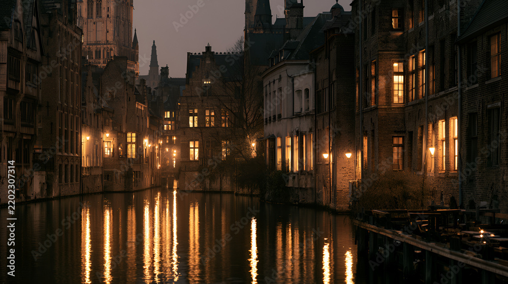 Fototapeta premium Historic Canal Glowing Softly With Reflections Of Old Buildings, Warm Tungsten Interior Light, Macro Lens, Fine Detail, High-Contrast Tones, Photorealistic, Ultra-Detailed