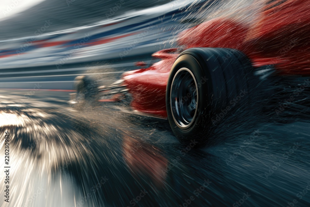 Obraz premium A red Formula 1 car races on a wet track, creating dynamic splashes of water as it speeds through a curve during rainy conditions.