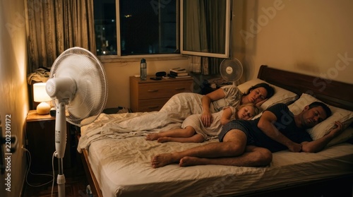 family sleeping together in a cozy bedroom at night