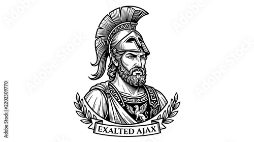 Exalted Ajax Greek Hero Illustration Ancient Spartan Warrior with Corinthian Helmet and Laurel Wreath