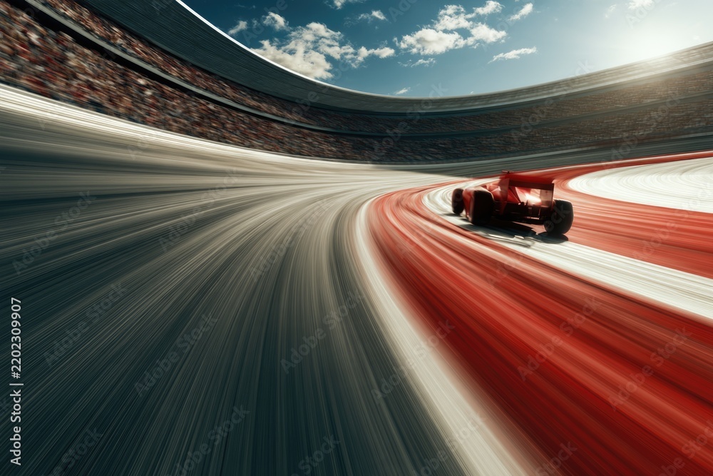 Obraz premium A red Formula 1 race car speeds around a curved track in a packed stadium under a bright blue sky with scattered clouds.