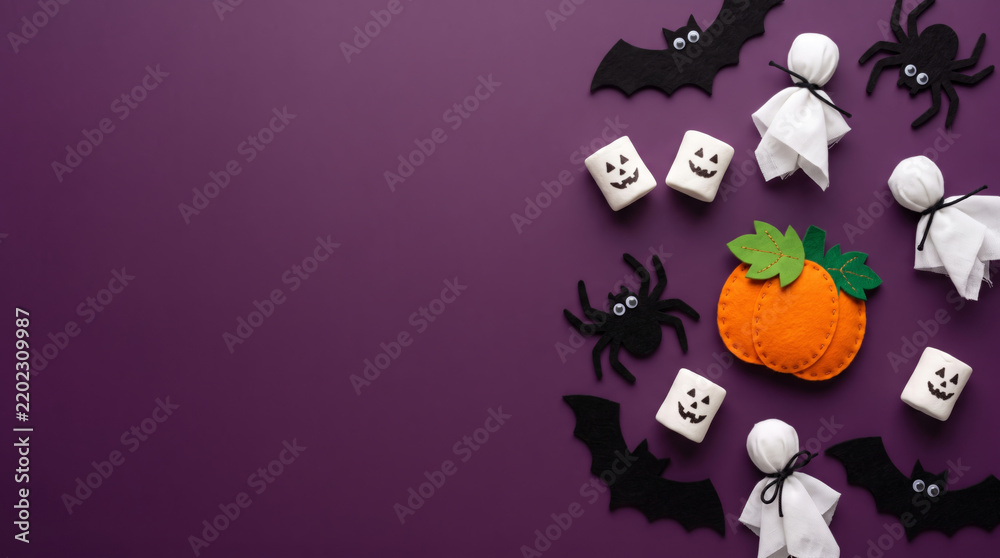 Fototapeta premium Halloween paper craft decoration with pumpkin ghost bat spider and candy. Festive party celebration fun. creative invitation ornament, frame border banner cut-out background