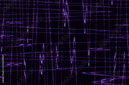Abstract purple neon light waves on black background