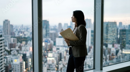 businesswoman looking out city view with documents in hand