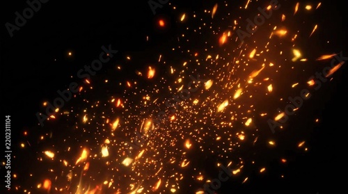 A fiery explosion of sparks and embers against a black background, with a bright orange glow and a sense of chaos and energy.