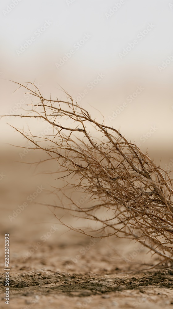 Obraz premium Dry thorn bush on cracked desert ground with heat haze