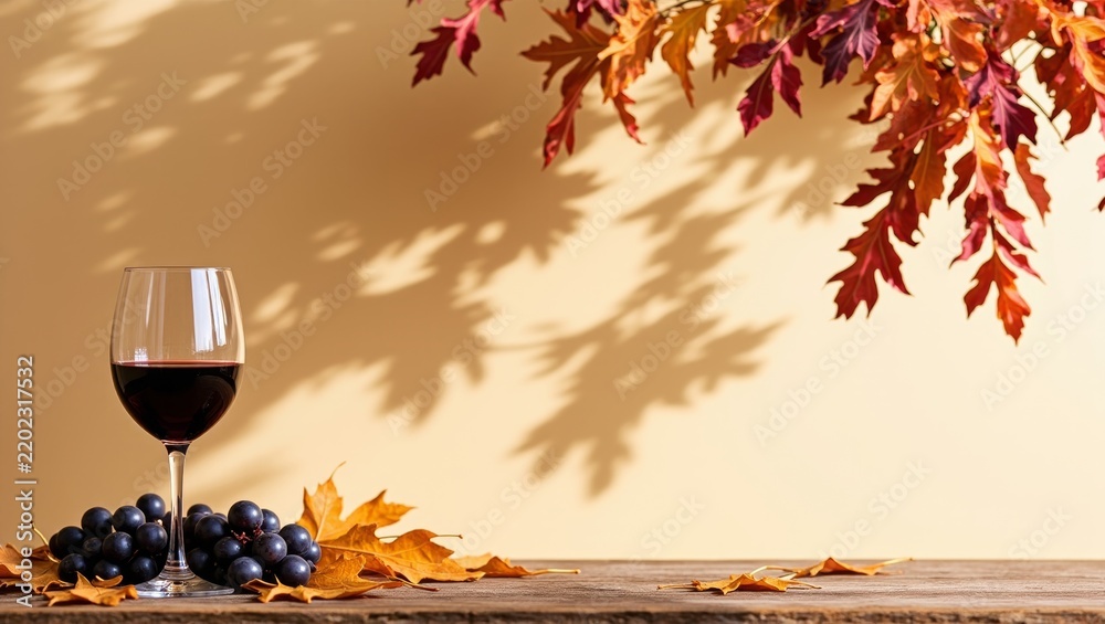 Fototapeta premium Red wine glass, dark grapes, and colorful autumn leaves creating a cozy harvest scene with warm light and shadows