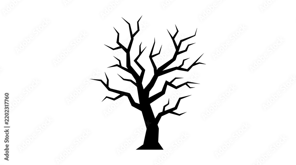 Obraz premium Black silhouette of a dead gnarled tree with jagged leafless branches isolated on a white background, perfect for Halloween, winter, or horror concept designs in a flat vector style.