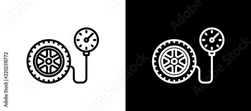 Tire Pressure Gauge Line Icon On White and Black Backgrounds.   