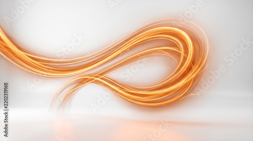 A dynamic, abstract light trail with a gradient of orange and yellow, curving and twisting in a mesmerizing pattern against a white background.