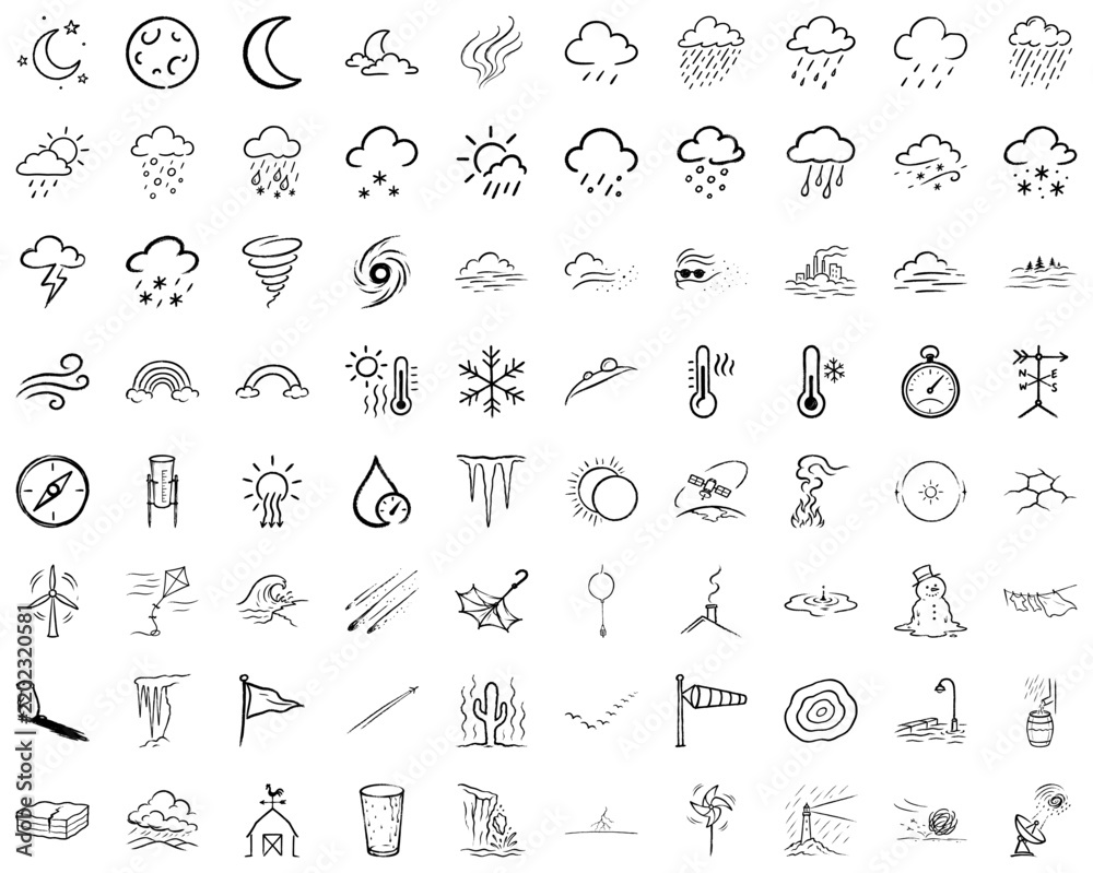 Obraz premium Weather Doodle Icons - Hand Drawn Sketch Line Art Set