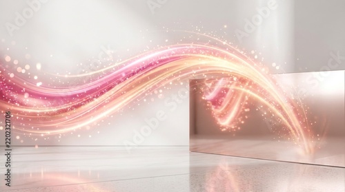 A glowing, ethereal light trail with a pink and orange hue, flowing from the left to the right, 