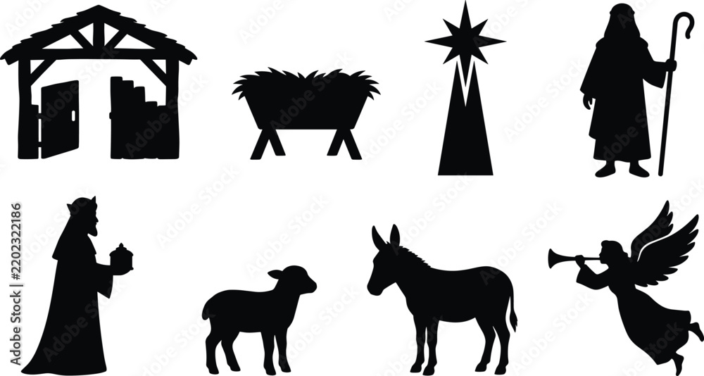 Fototapeta premium Collection of flat black nativity scene silhouette elements featuring stable angel animals and wiseman for commercial design