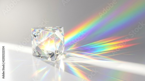 A transparent diamond cube with a rainbow spectrum of colors reflecting off its facets, placed on a reflective surface with a soft shadow cast on the ground.