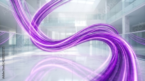 A futuristic, abstract light trail in a modern office space with glass walls and reflective surfaces.