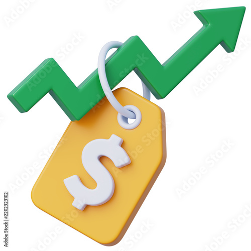 3d dollar price tag with upward arrow for finance market growth retail business inflation investment