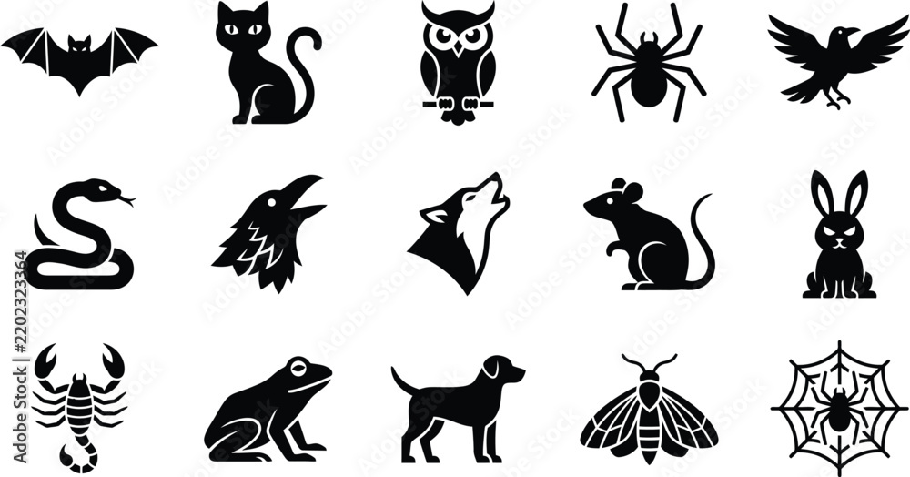 Fototapeta premium Black and White Halloween Animal Icons Set Featuring Creatures and Symbols