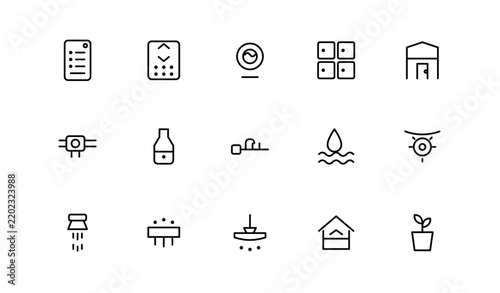 Smart Building, Pool & Greenhouse Icons, Editable Stroke Line Set