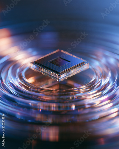 Futuristic Computer Processor Floating Above Reflective Liquid Metal, Symmetrical Silver and Blue Technology Concept
